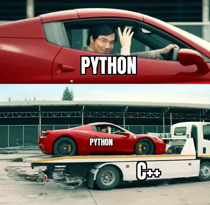 A two-panel meme showing a driver smiling in a red Ferrari labeled "PYTHON," revealed in the second panel to be resting on the back of a moving tow truck labeled "C++."